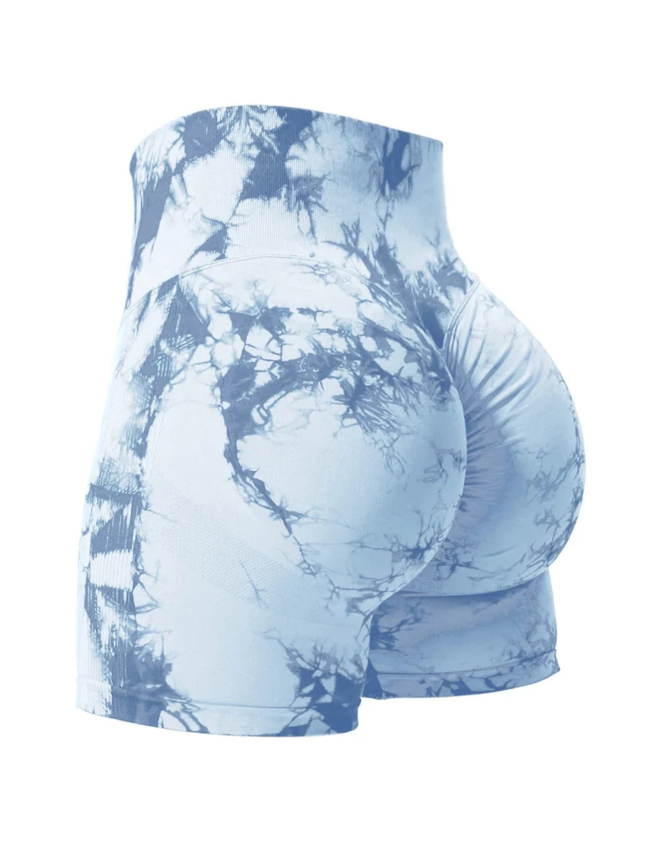 Showlu Fashion CHRLEISURE tie dye seamless fitness shorts with high waist and butt-lifting design, perfect for summer activewear.