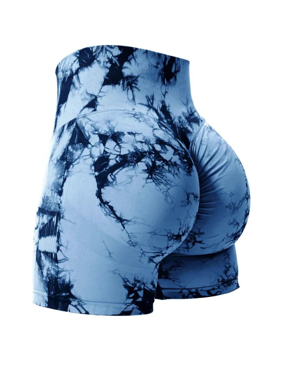 Showlu Fashion Store CHRLEISURE tie dye seamless fitness shorts with high waist and butt-lifting design, perfect for activewear and outdoor running.