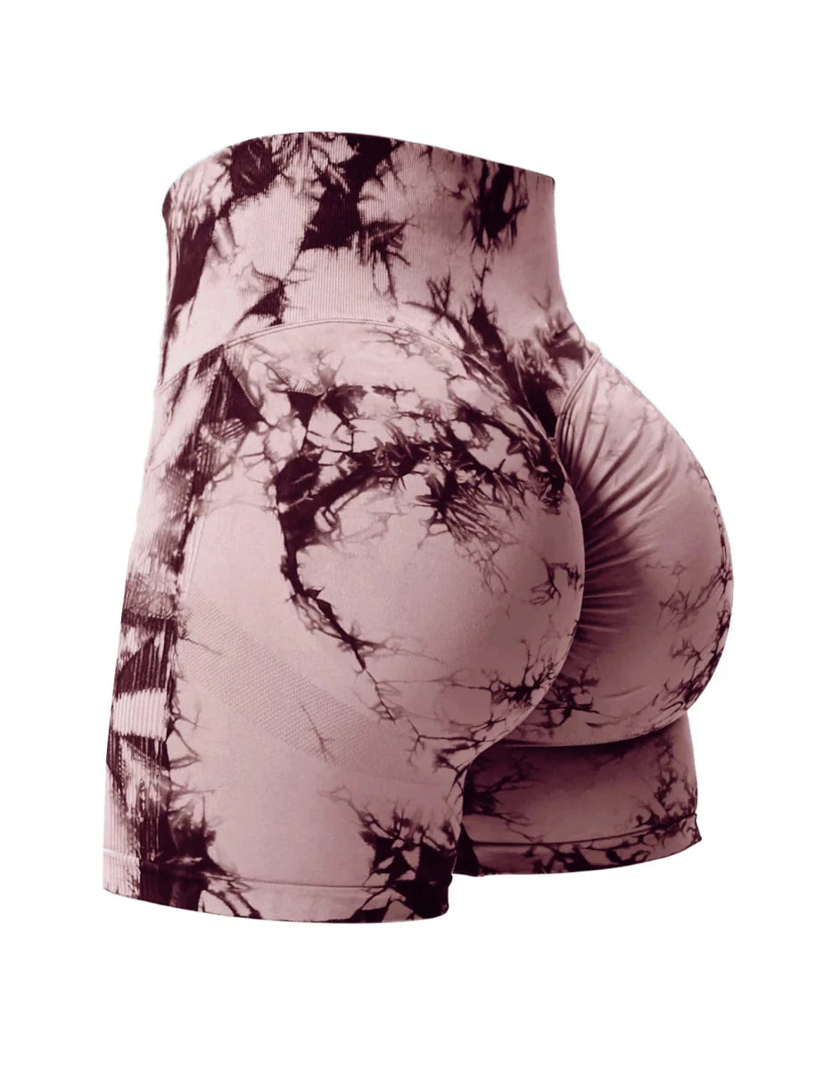 Showlu Fashion CHRLEISURE tie dye seamless fitness shorts with high waist and butt lifting design, perfect for activewear and running.