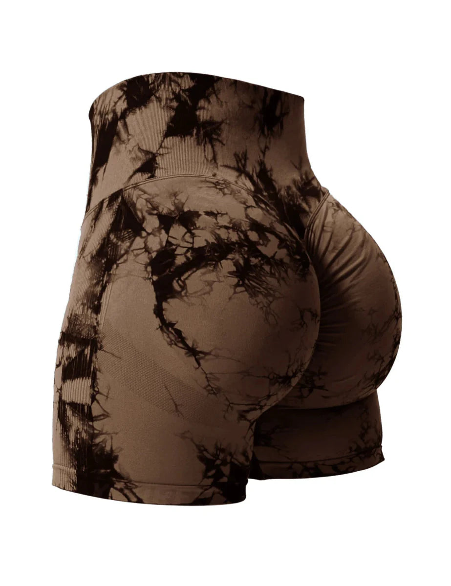 Showlu Fashion's 2024 tie dye seamless fitness shorts with high waist and butt-lifting design, perfect for activewear and running.