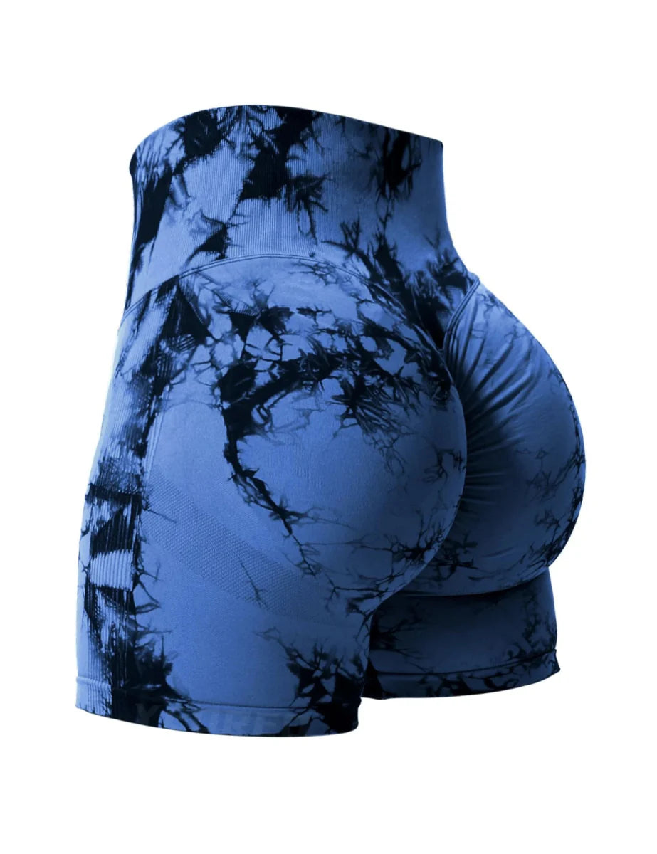 Showlu Fashion CHRLEISURE tie-dye seamless fitness shorts with high waist and butt-lifting design for women’s activewear and running.
