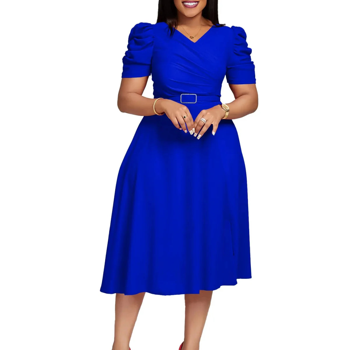 Women's V-neck pleated A-line dress with short puff sleeves, perfect for summer, by SHOWLU FASHION STORE.