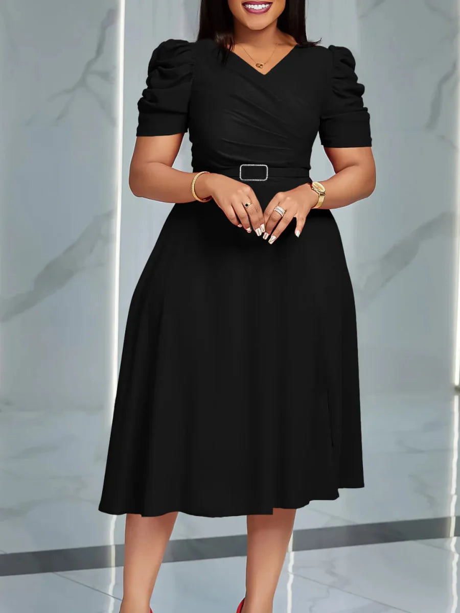 Women's V-neck pleated A-line dress with short puff sleeves, perfect for summer, by SHOWLU FASHION STORE.