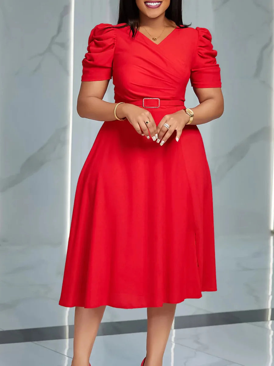 LZJV women's V-neck pleated A-line summer dress with short puff sleeves, elegant and stylish for warm weather occasions.
