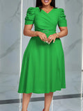 Women's V-neck pleated A-line summer dress with puff sleeves, stylish and elegant, by SHOWLU FASHION STORE.