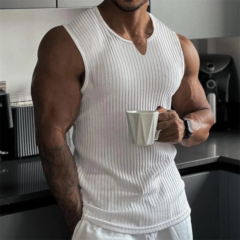 2024 Summer new men V - neck Vest stripe gym Tank top Men Fitness sleeveless shirt Sports Undershirt Gyms clothing Training vest - SHOWLU FASHION STORE