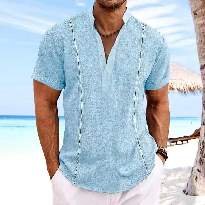 Showlu men's cotton linen short sleeve Cuban guayabera shirt with henri collar in solid color, ideal for summer beach wear.