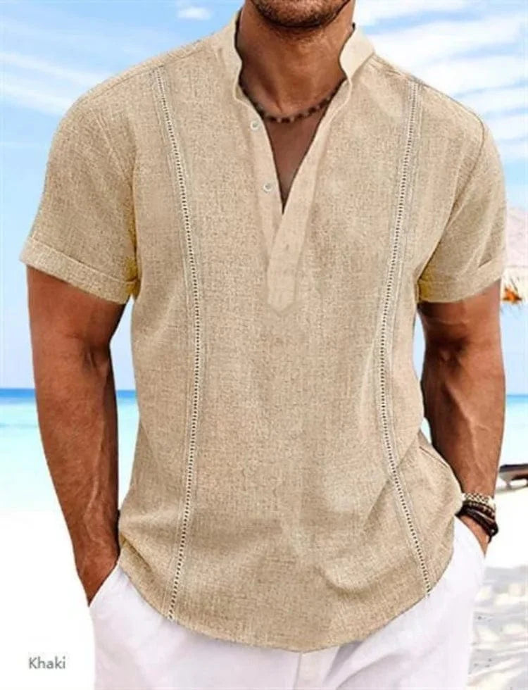 Showlu men's short sleeve cotton linen guayabera shirt with henri collar, solid color, ideal for summer beach and casual wear.