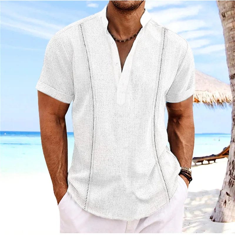 Showlu men's cotton linen short sleeve Cuban guayabera shirt with Henri collar, solid color, perfect for summer beachwear.