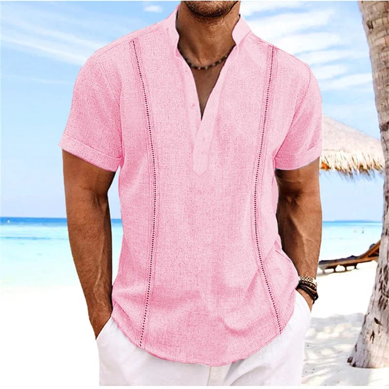 Showlu men's cotton linen guayabera shirt with short sleeves and henri collar, solid color, ideal for beach and summer wear.