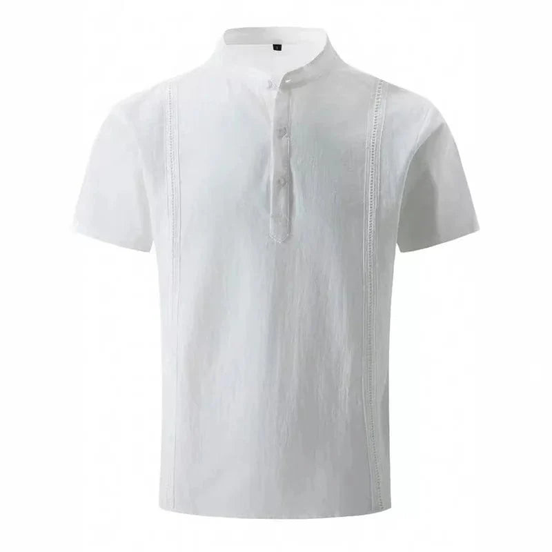 Showlu men's cotton linen short sleeve Cuban guayabera shirt with henri collar, solid color, perfect for beach and summer wear.