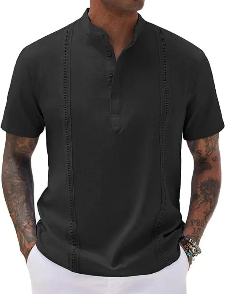 Showlu men's cotton linen short sleeve guayabera shirt with henri collar, solid color, perfect for summer beach style.