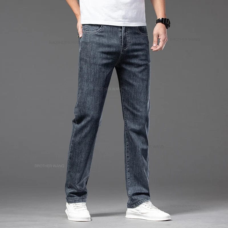 Brother Wang men's summer thin straight-leg jeans in lightweight denim with elastic waistband, casual and comfortable for warm weather.