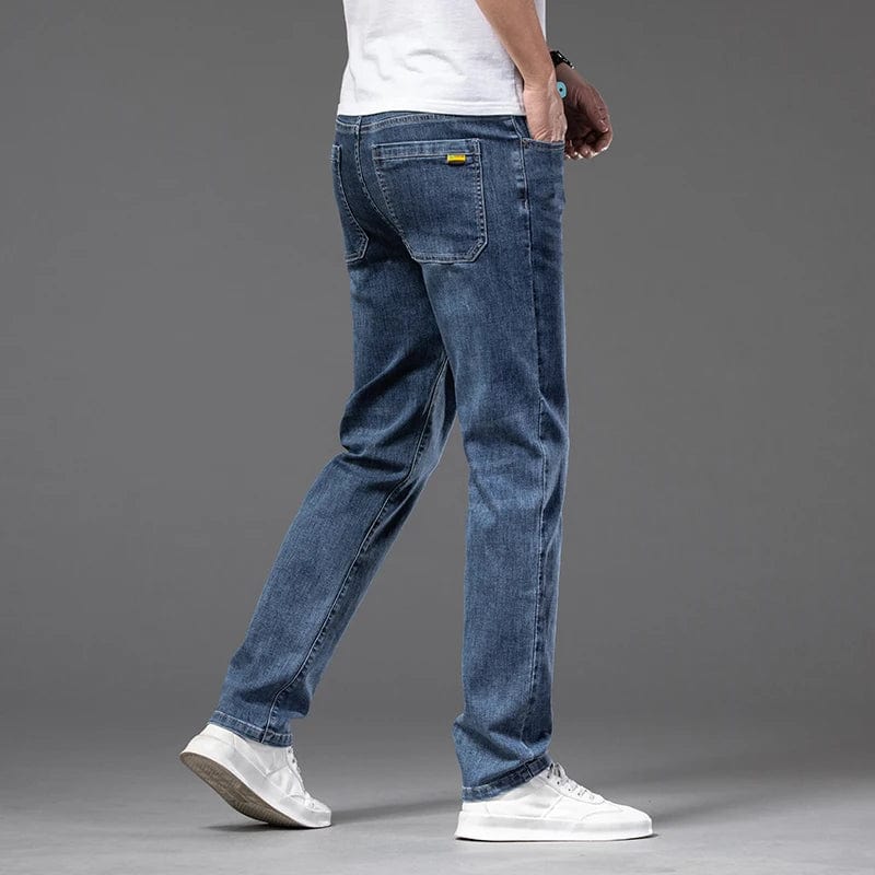 Brother Wang men's summer thin straight-leg jeans in lightweight denim with elastic waist, casual and comfortable for plus sizes.