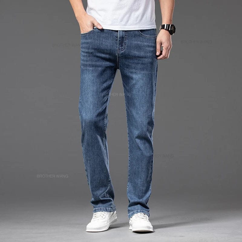 Brother Wang men's summer lightweight straight leg denim jeans with elastic waist, casual and comfortable for plus sizes 42-46.