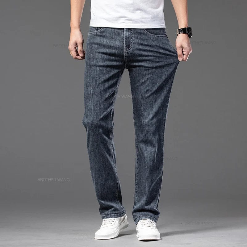 Brother Wang men's summer thin straight leg jeans in lightweight denim, featuring an elastic waist and casual style.