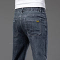 Brother Wang men's summer lightweight straight leg jeans with elastic waist, casual denim pants in various sizes.