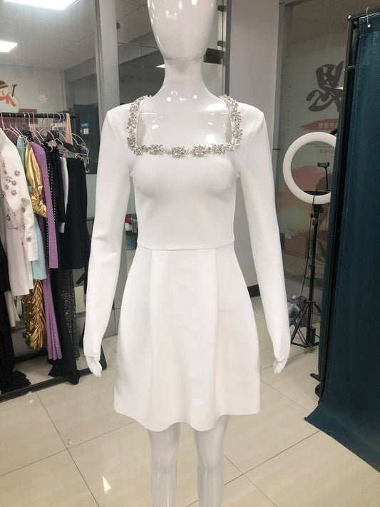 2024 Summer New Women's White Long sleeved Square Neck Diamond Pocket Decoration A - line Dress Bodycon Celebrity Party Mini Dress - SHOWLU FASHION STORE