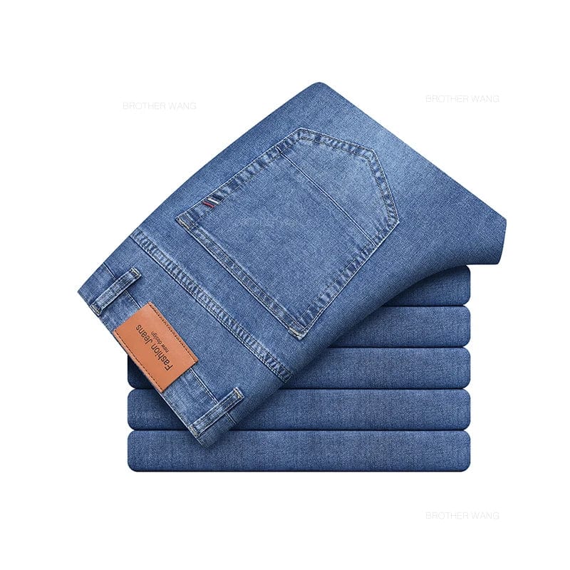 Brother Wang men's summer lightweight straight cotton jeans in gray, casual and comfortable with a slim fit design.