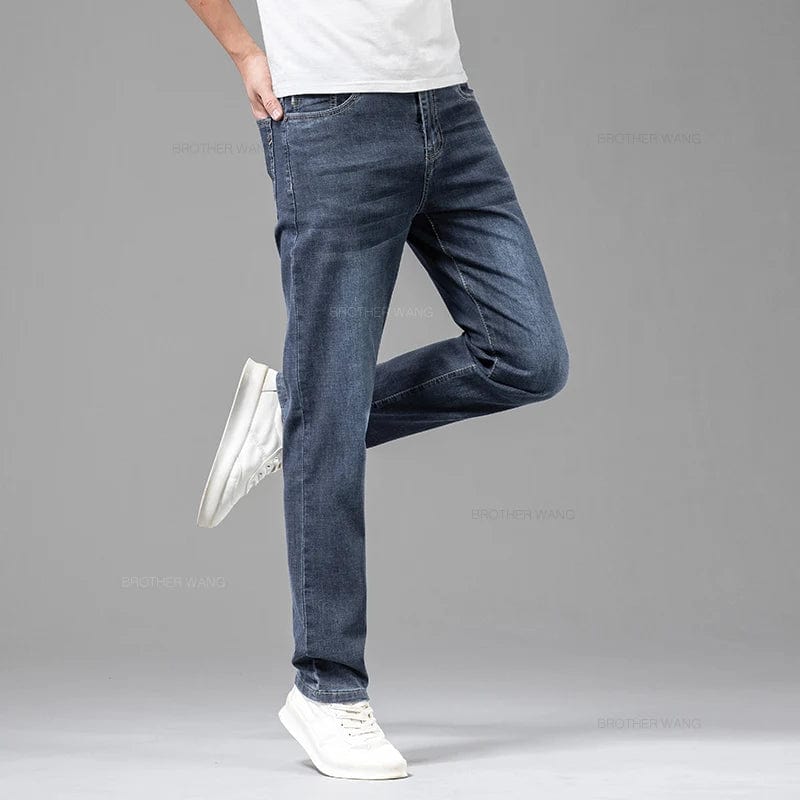 2024 Summer Thin Men's Elastic Cotton Jeans Fashion Gray Comfortable Business Straight Casual Pants High Quality Brand Trousers - SHOWLU FASHION STORE