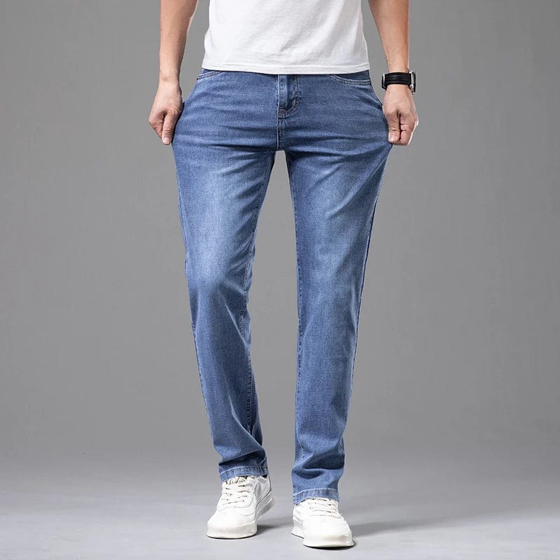Brother Wang men's summer lightweight straight cotton jeans in gray, casual and comfortable for stylish everyday wear.