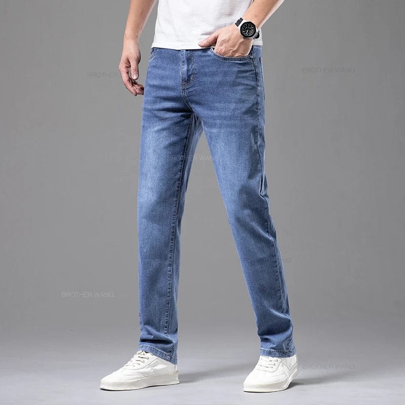 Brother Wang men's summer lightweight straight cotton jeans in gray, casual and comfortable with elastic fabric, suitable for business or casual wear.