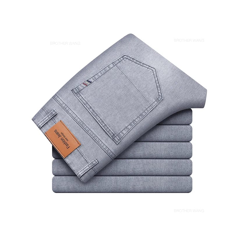 Brother Wang men's lightweight gray cotton jeans with straight fit, designed for summer comfort and casual or business wear.