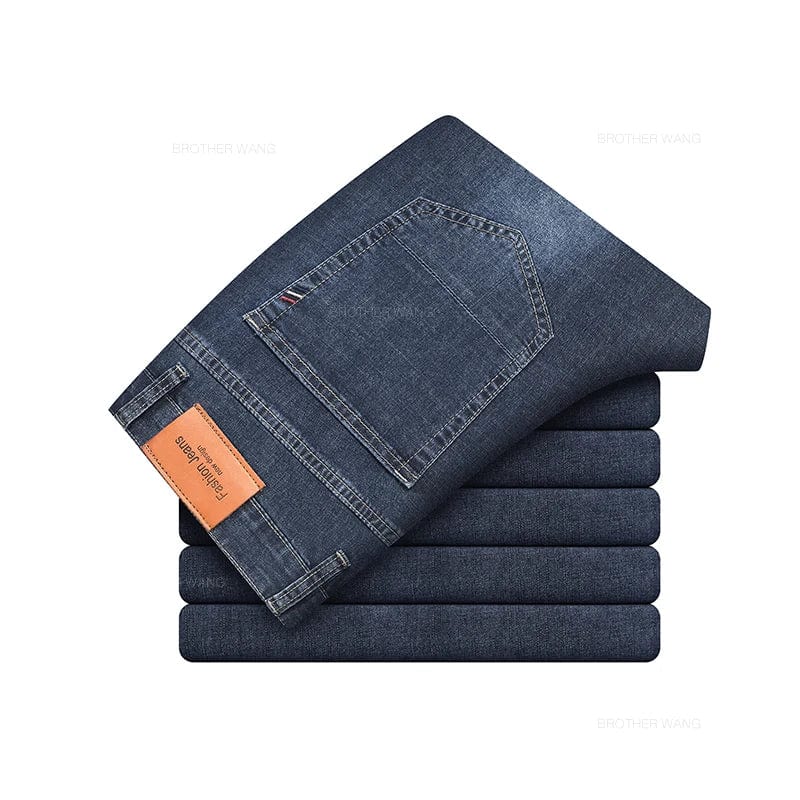 Brother Wang men's gray lightweight straight cotton jeans, summer casual pants with elastic waist and comfortable fit.