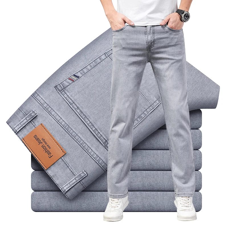 Brother Wang men's summer lightweight straight cotton jeans in gray, featuring a casual, comfortable fit and elastic stretch fabric.