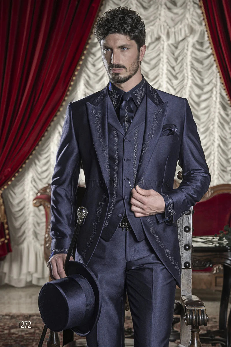Elegant SHOWLU FASHION men's 3-piece embroidered wedding suit with slim fit tuxedo, featuring a jacket, vest, and pants.
