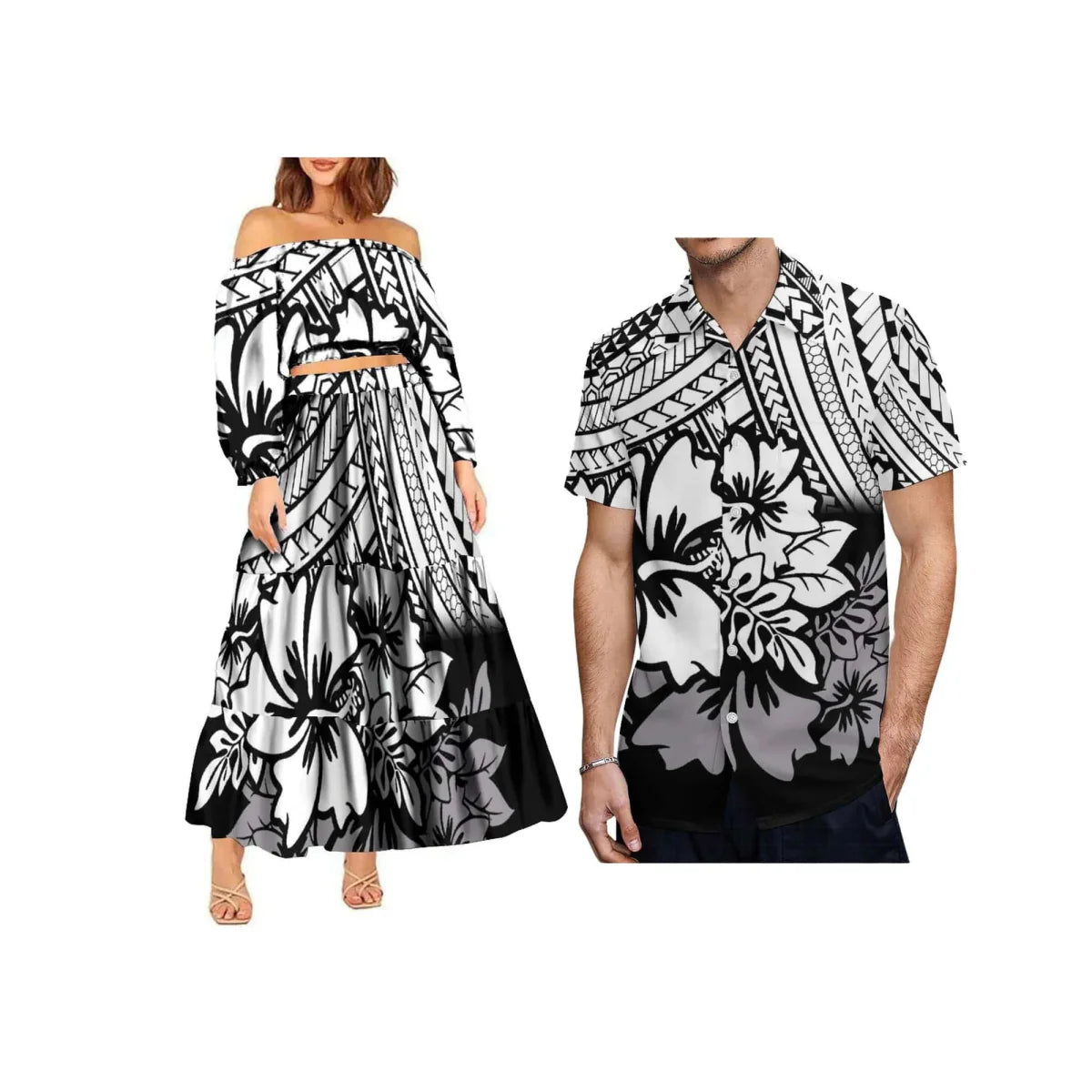 Polynesian tribal 2-piece set by Showlu Fashion with one-shoulder crop top and maxi skirt, plus-size women's fashion ensemble.