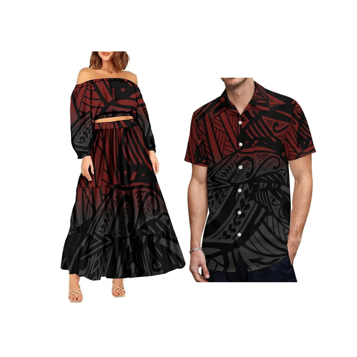 Polynesian tribal 2-piece set by Showlu Fashion, includes a one-shoulder crop top and maxi skirt in a trendy design.