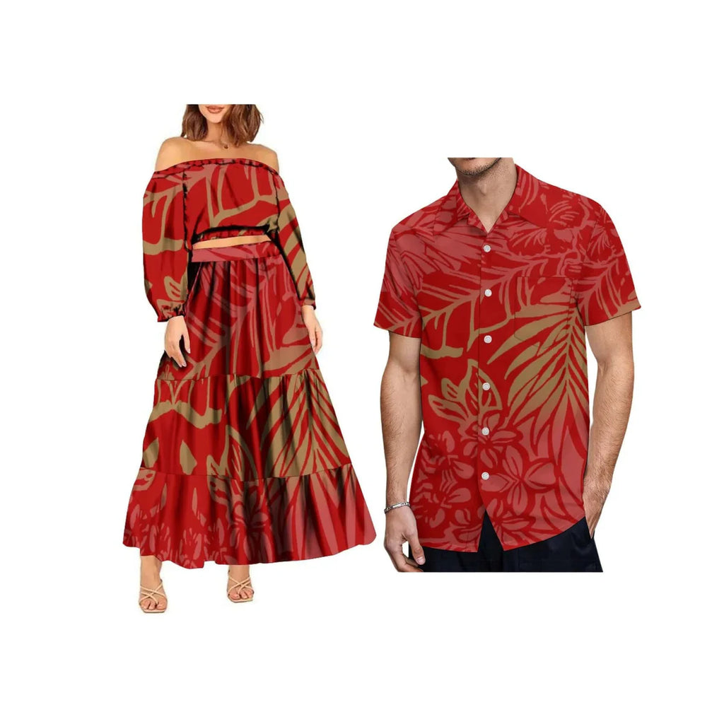 Trendy Polynesian tribal 2-piece set featuring a one-shoulder crop top and maxi skirt, shown in plus size, by Showlu Fashion.