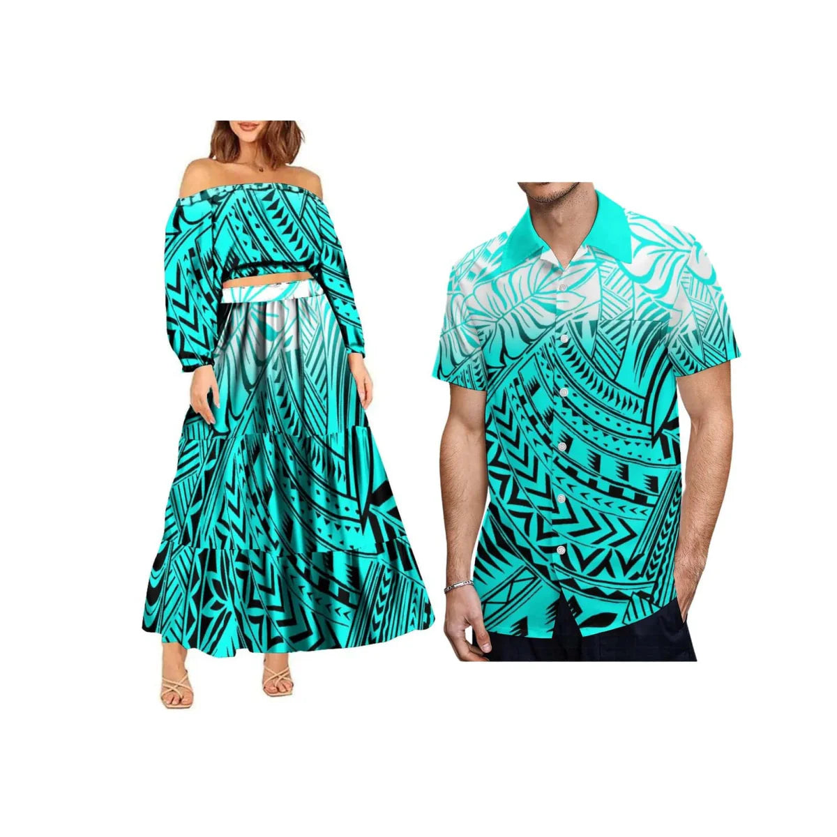 Polynesian tribal 2-piece set with one-shoulder crop top and maxi skirt by Showlu Fashion, plus size, colorful and trendy.