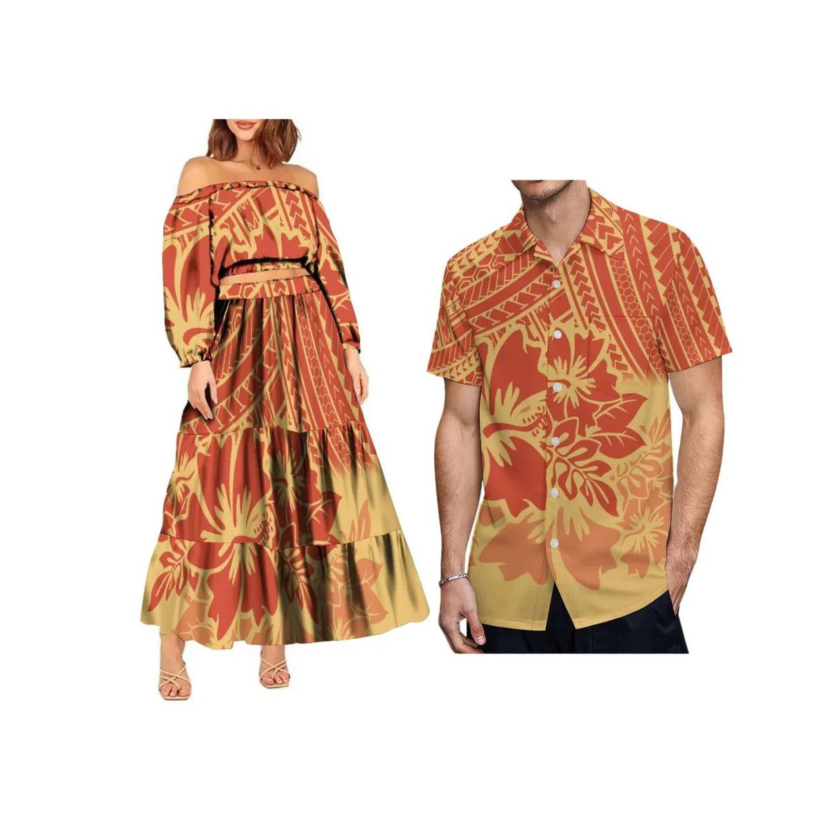 Showlu Fashion Polynesian tribal 2-piece set with one-shoulder crop top and maxi skirt, plus size, vibrant tribal print design.