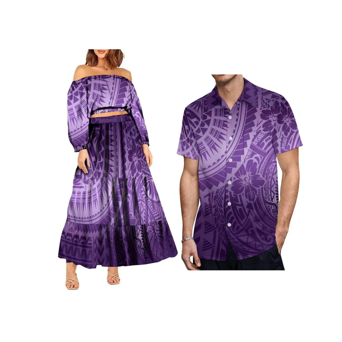 Polynesian tribal 2-piece set by Showlu Fashion, featuring a one-shoulder crop top and maxi skirt for women, plus size style.