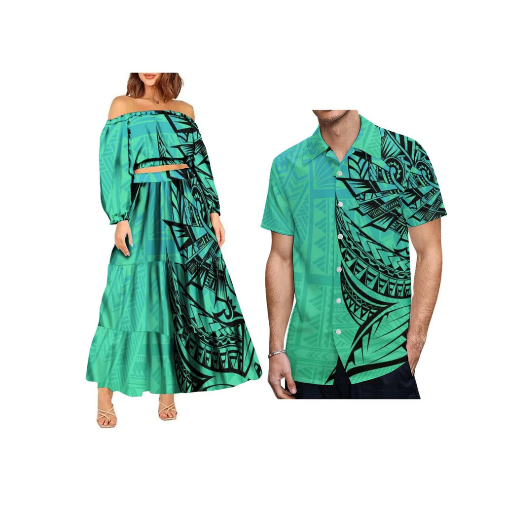 Polynesian tribal 2-piece set by Showlu Fashion featuring a one-shoulder crop top and maxi skirt, plus size women's fashion.