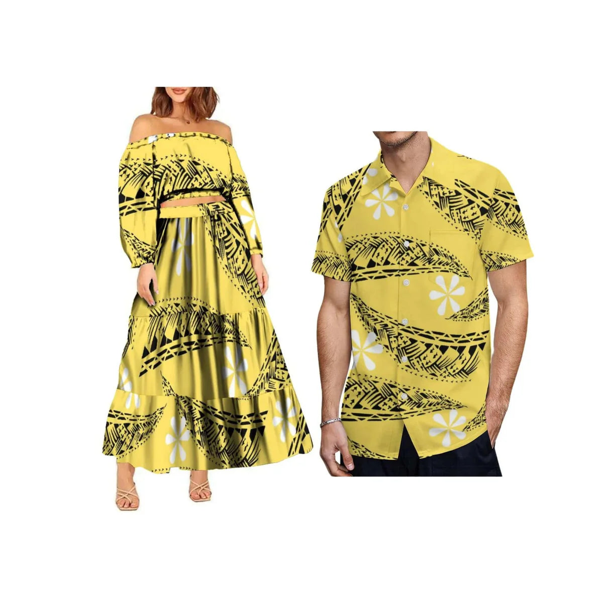 Polynesian tribal 2-piece set by Showlu Fashion featuring a one-shoulder crop top and maxi skirt for women.