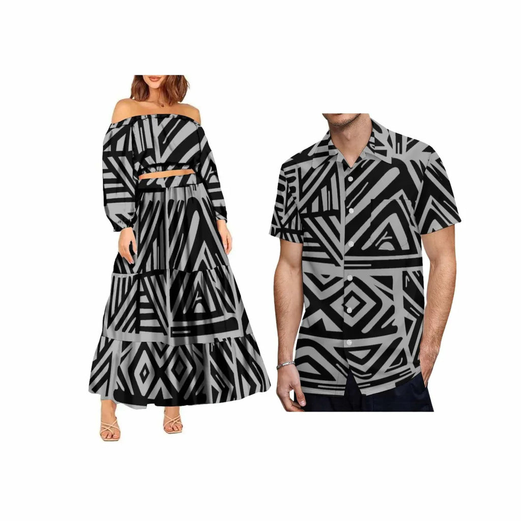 Polynesian tribal 2-piece set with one-shoulder crop top and maxi skirt, trendy plus-size women's fashion by Showlu Fashion.
