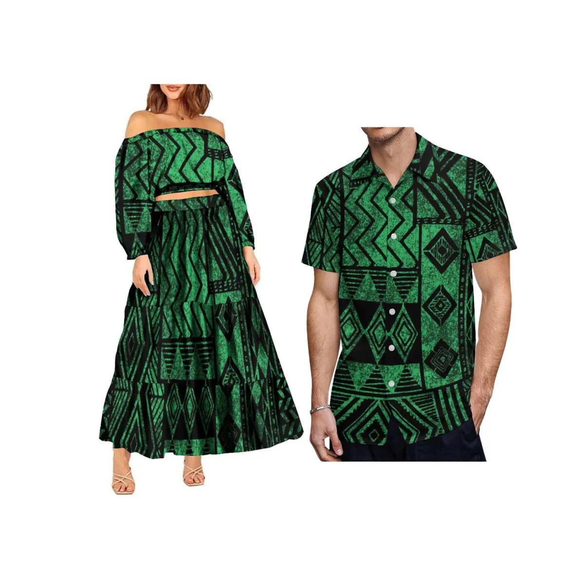 Polynesian tribal 2-piece set by Showlu Fashion with one-shoulder crop top and maxi skirt, plus-size women's fashion ensemble.