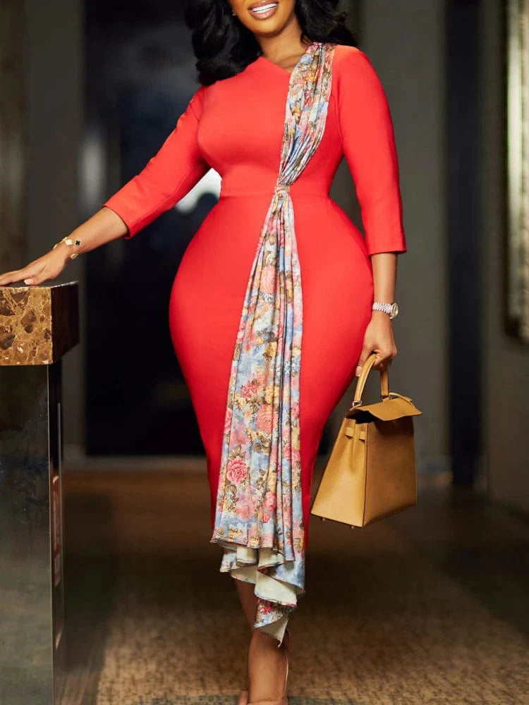 AOMEI Women's patchwork sheath dress with long sleeves, autumn print, midi length, perfect for office, parties, or evening events.