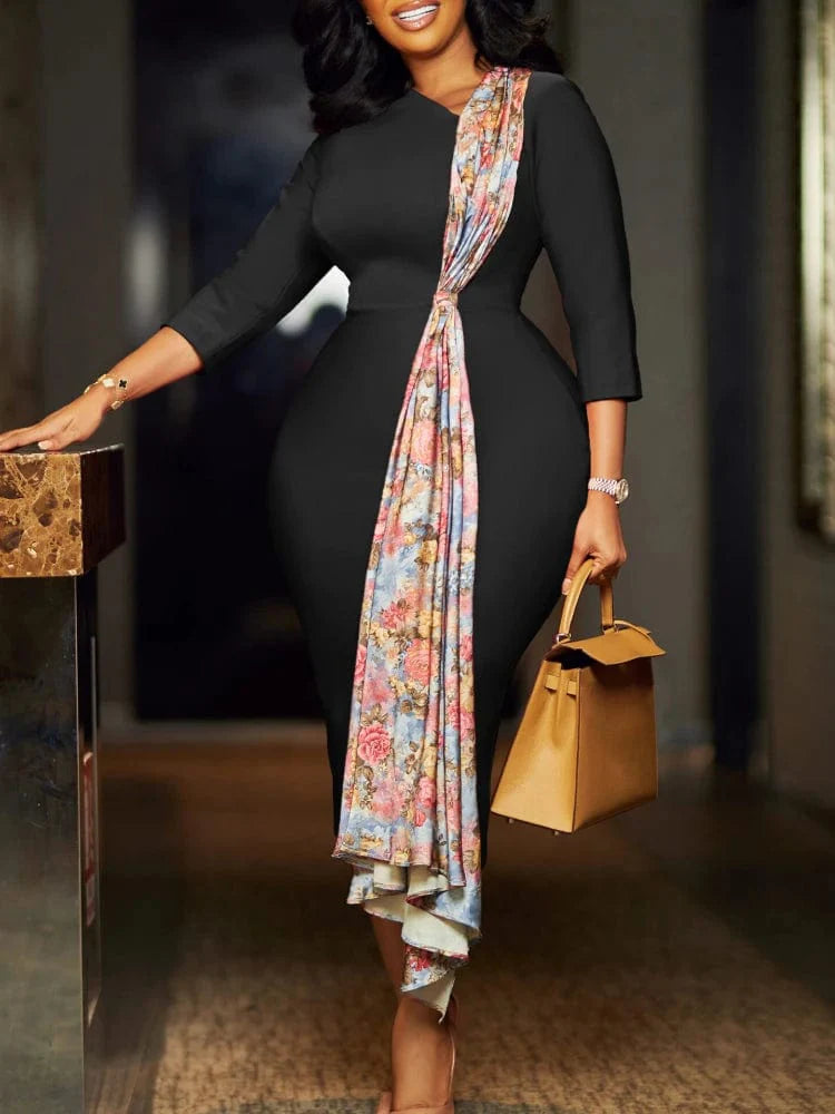 AOMEI Women's Patchwork Sheath Dress, long sleeve autumn midi dress with printed splicing design, suitable for office or evening events.