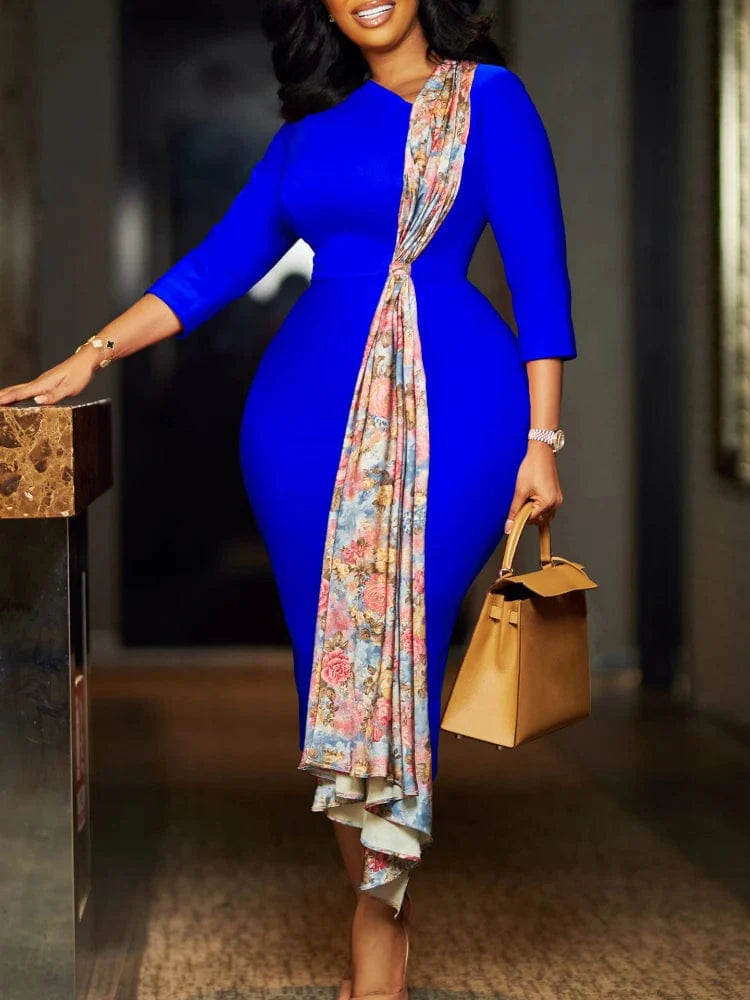 AOMEI Women's Patchwork Sheath Dress with long sleeves, autumn print, midi length, suitable for party, office, or evening events.