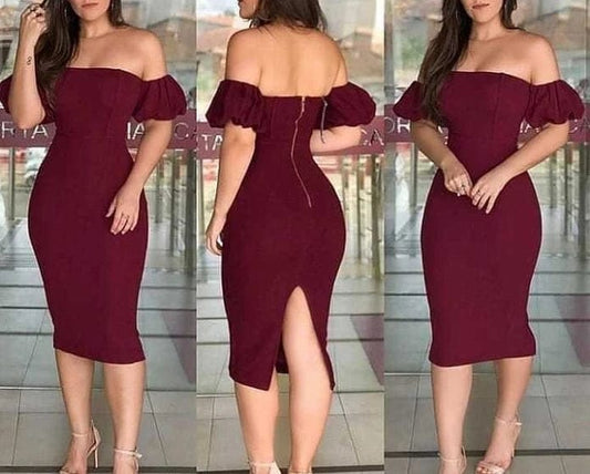 2024 Women's Dress Sexy Wrapped Hip Skirt Wine Red One Shoulder Bubble Sleeve Zipper Back Split Tight Dress - SHOWLU FASHION STORE