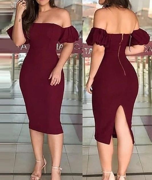 2024 Women's Dress Sexy Wrapped Hip Skirt Wine Red One Shoulder Bubble Sleeve Zipper Back Split Tight Dress - SHOWLU FASHION STORE