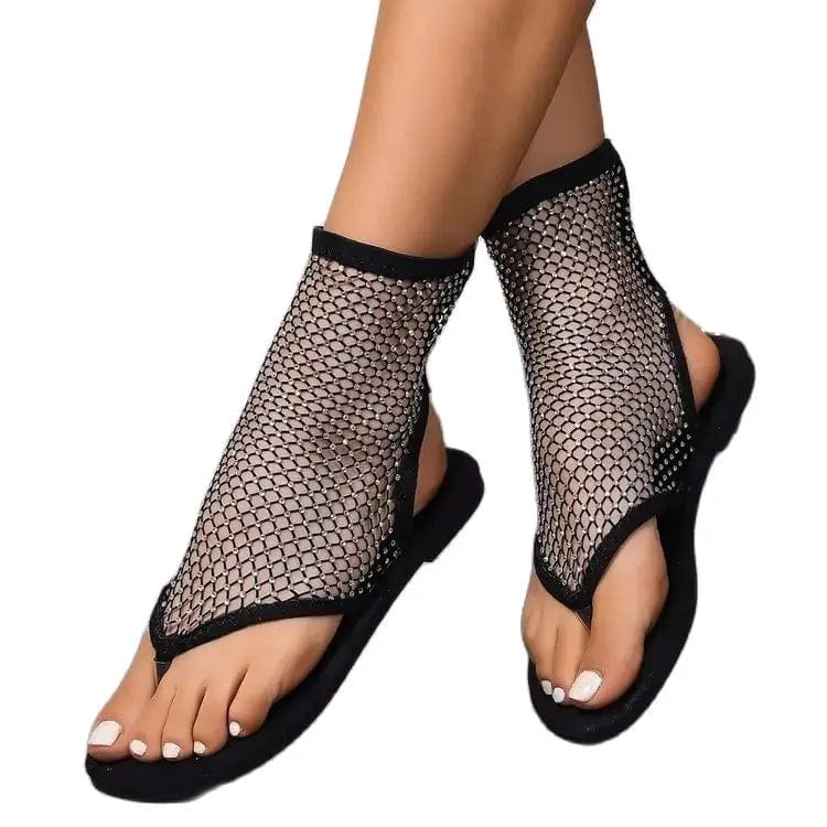 Women's gladiator flat sandals with mesh hollow design and rhinestone accents, stylish and comfortable for summer wear.