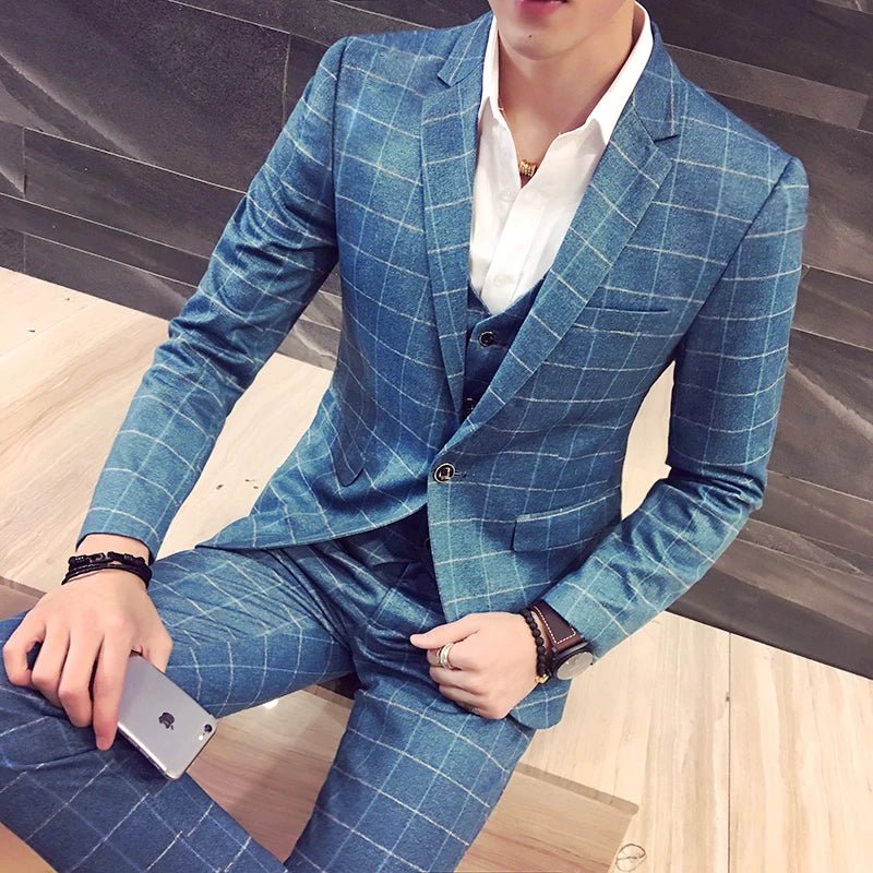 2024Fine Mens Micro Elastic Youth Korean Version Slim (suit + Vest + Trousers) Groom Wedding Dress British Style Three - piece Set - SHOWLU FASHION STORE