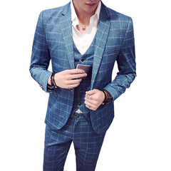 2024Fine Mens Micro Elastic Youth Korean Version Slim (suit + Vest + Trousers) Groom Wedding Dress British Style Three - piece Set - SHOWLU FASHION STORE