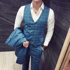 2024Fine Mens Micro Elastic Youth Korean Version Slim (suit + Vest + Trousers) Groom Wedding Dress British Style Three - piece Set - SHOWLU FASHION STORE