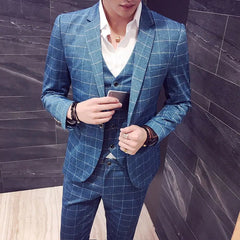 2024Fine Mens Micro Elastic Youth Korean Version Slim (suit + Vest + Trousers) Groom Wedding Dress British Style Three - piece Set - SHOWLU FASHION STORE